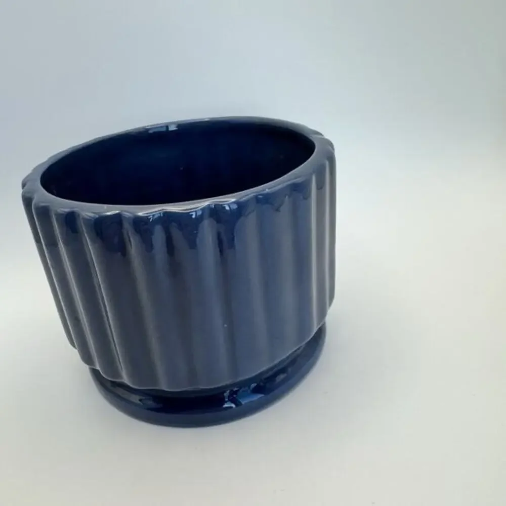Haeger Pottery Vase Planter Ribbed Sides USA Blue‎ Small Art Deco 1980s Vtg